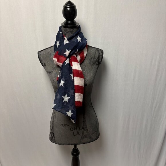 American Flag Sheer Scarf Wrap Stars Stripes Red White Blue Patriotic July 4th - Picture 2 of 5